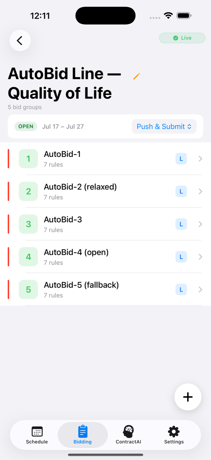 Bid set ladder of groups